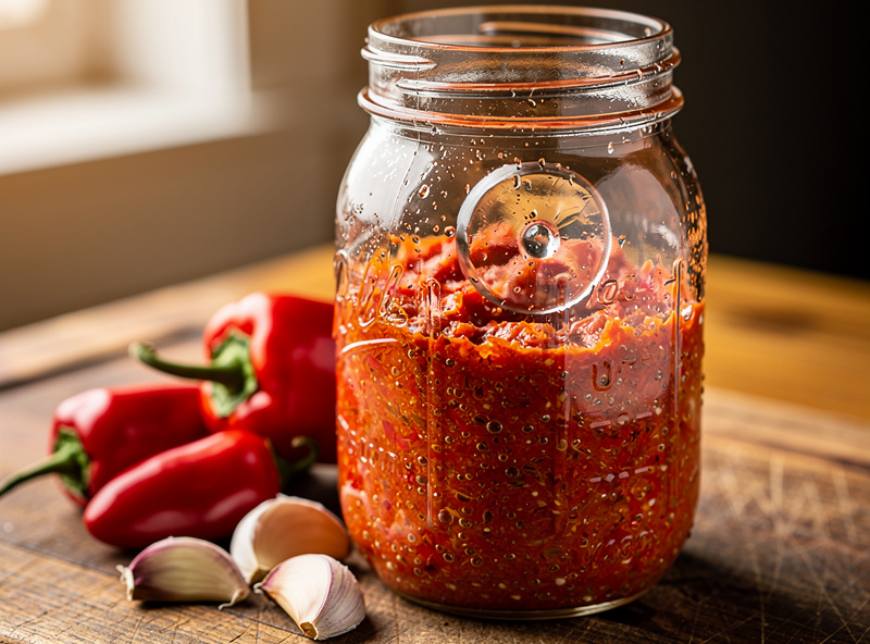A jar of red jalapeño and garlic sriracha mash fermenting under a glass weight, with whole red jalapeños and garlic cloves beside it