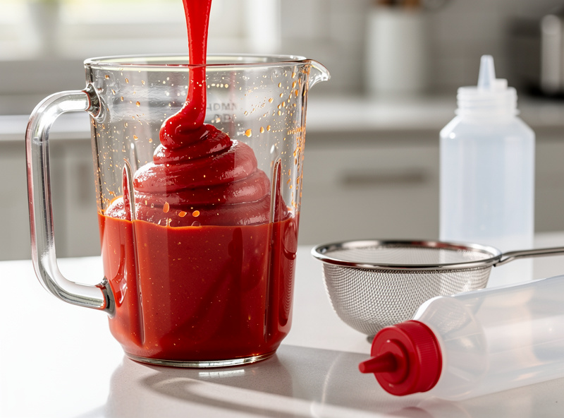 Smooth red sriracha being blended in a blender jug, thick and glossy, with a fine mesh strainer and squeeze bottle nearby