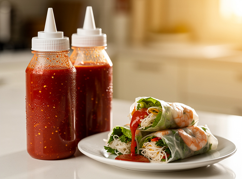 Two squeeze bottles of finished homemade red sriracha on a kitchen counter beside a plate of food, thick glossy red sauce
