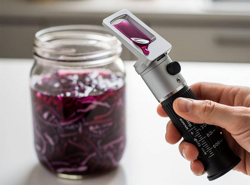 A handheld salinity refractometer held to the light beside a jar of cabbage brine