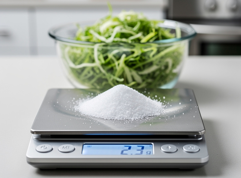A small pile of salt on a 0.1 gram kitchen scale with shredded cabbage in the background