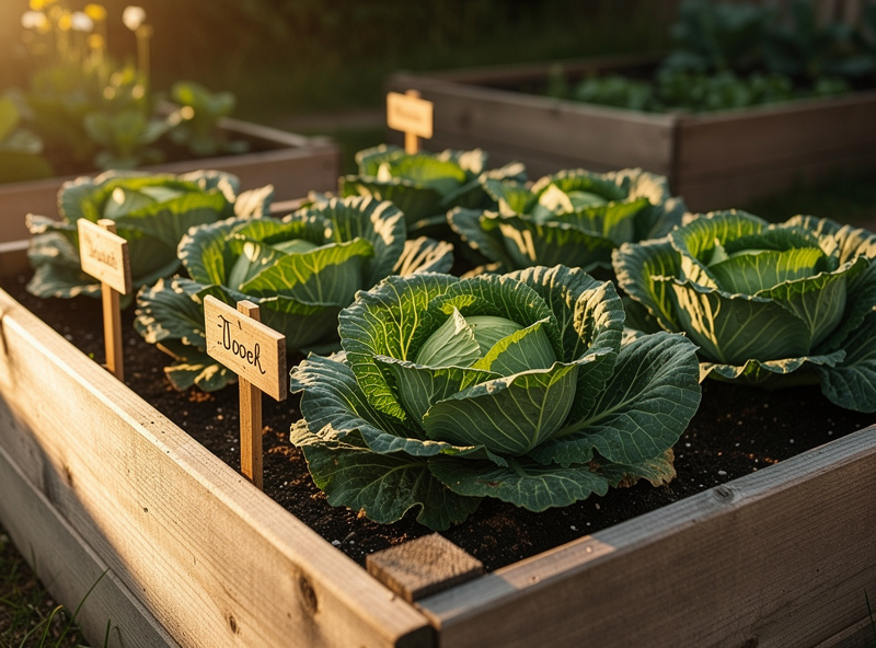 Garden raised bed with mature cabbage heads ready for harvest, wooden garden markers, late summer golden light, vegetable garden photography