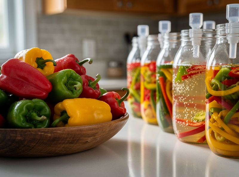 Harvested hot peppers in a wooden bowl next to fermentation jars with airlocks, kitchen counter, natural light, food preservation photography