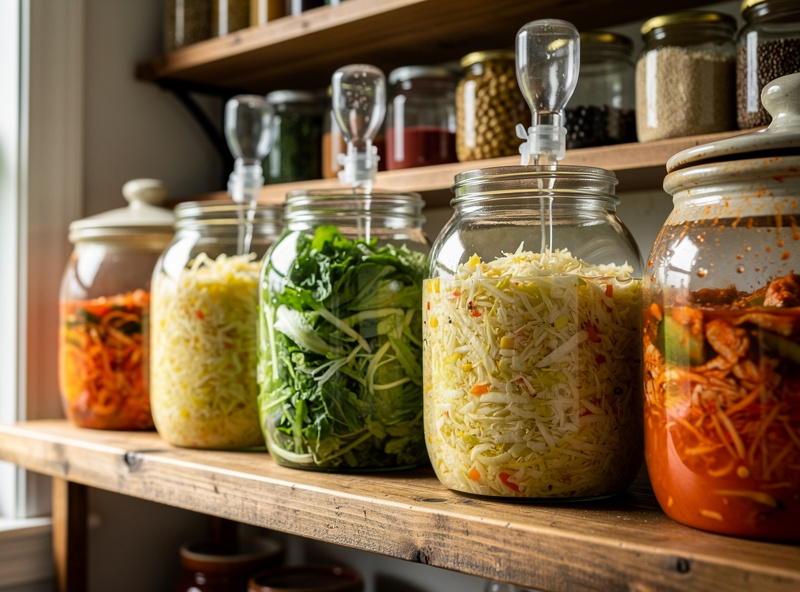 Fermentation crocks and jars on kitchen shelf, colorful ferments visible through glass, sauerkraut and kimchi and hot sauce, pantry storage