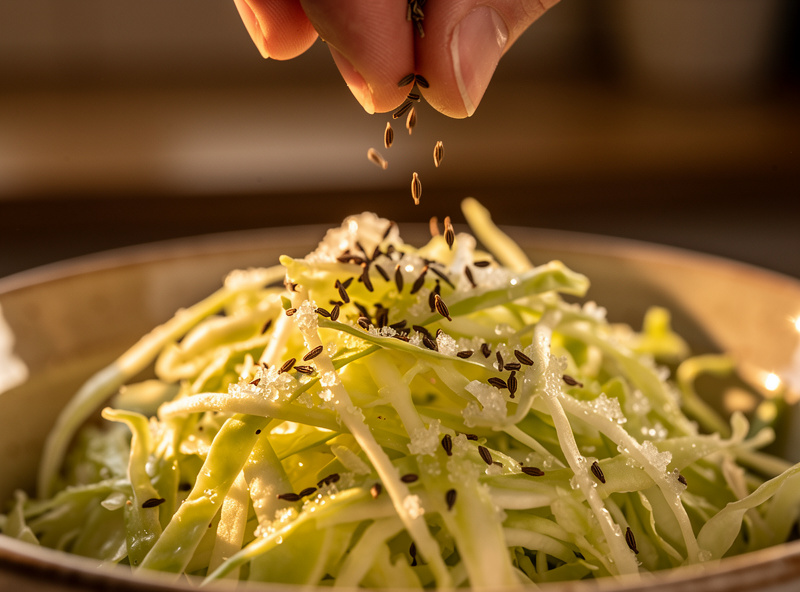 Caraway seeds being sprinkled by hand over salted shredded green cabbage in a bowl
