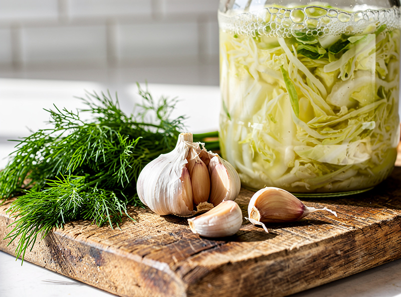 Fresh garlic cloves and dill sprigs on a cutting board beside a jar of fermenting cabbage