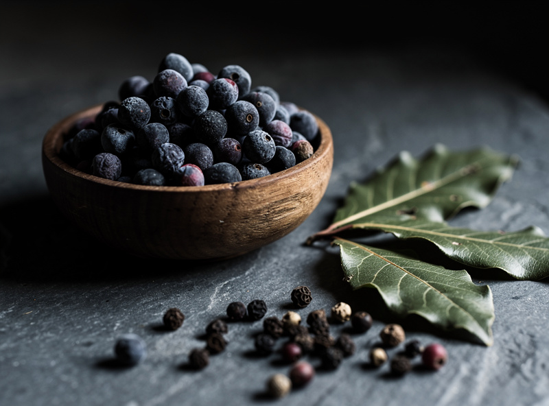 A bowl of dark blue-purple juniper berries with bay and black peppercorns on a slate surface