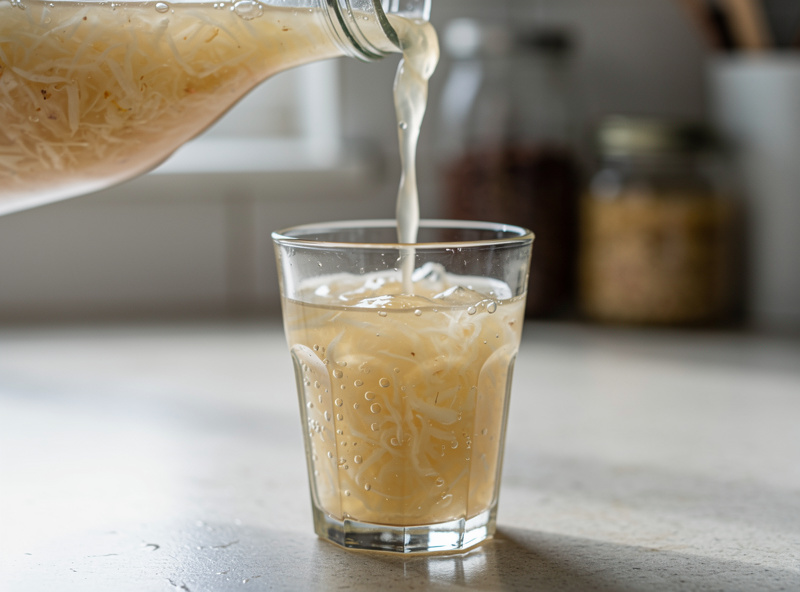 Cloudy sauerkraut brine being poured from a jar into a small glass