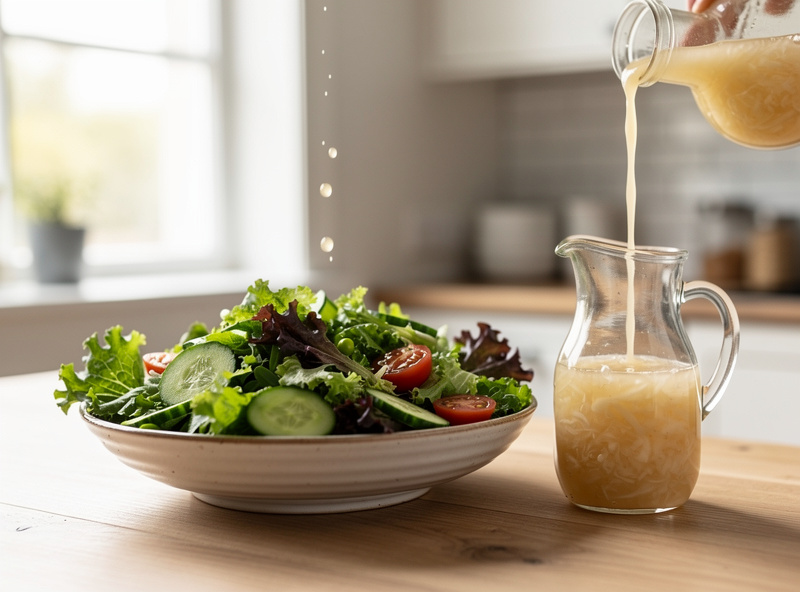 A green salad beside a small jug of cloudy sauerkraut brine being used as a tangy dressing