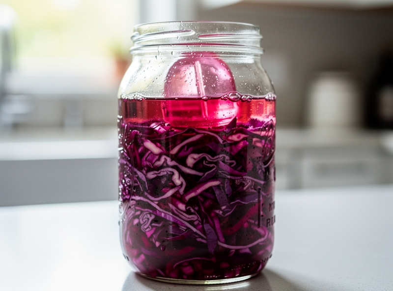A mason jar of red cabbage sauerkraut under ruby brine with a glass fermentation weight, backlit