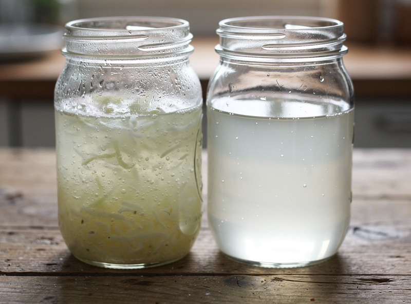Two jars of sauerkraut brine side by side, one cloudy and one clear, on a wooden counter