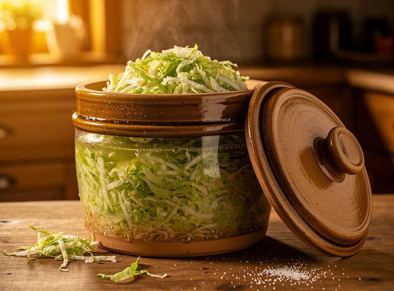 A water-sealed stoneware fermentation crock packed with salted green cabbage releasing brine