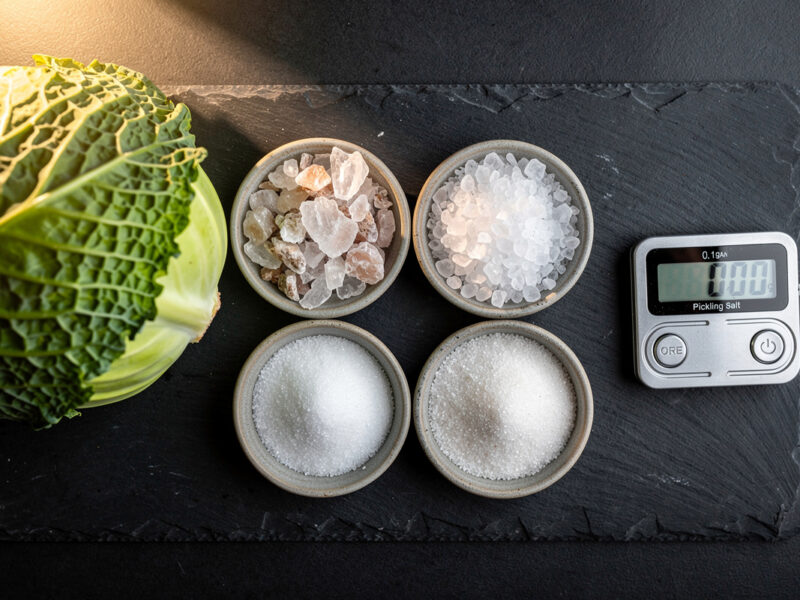 Different salts compared beside a kraut crock