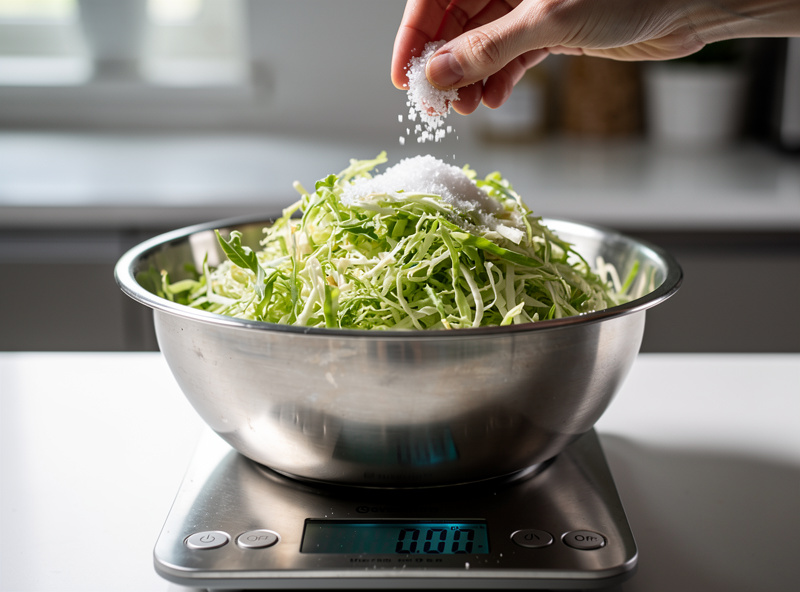 Shredded green cabbage on a 0.1 gram kitchen scale with coarse salt being sprinkled by hand