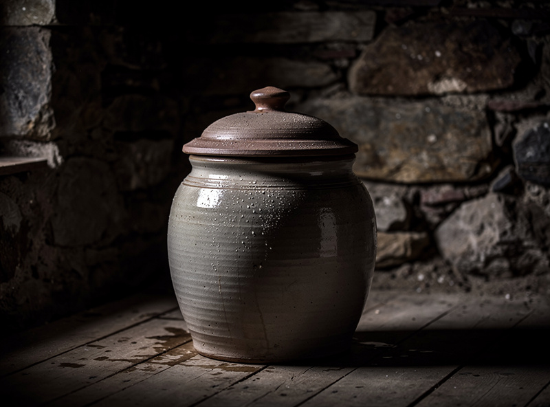 A stoneware crock with a weighted lid stored in a cool dark cellar corner with stone walls