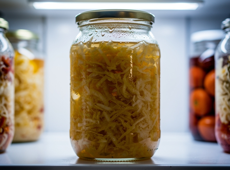 A jar of golden sauerkraut packed under brine with a tight lid on a refrigerator shelf