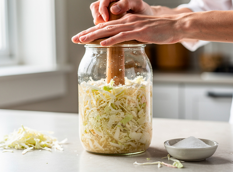 Hands pressing sauerkraut down into a glass jar with a wooden tamper so brine rises over the top