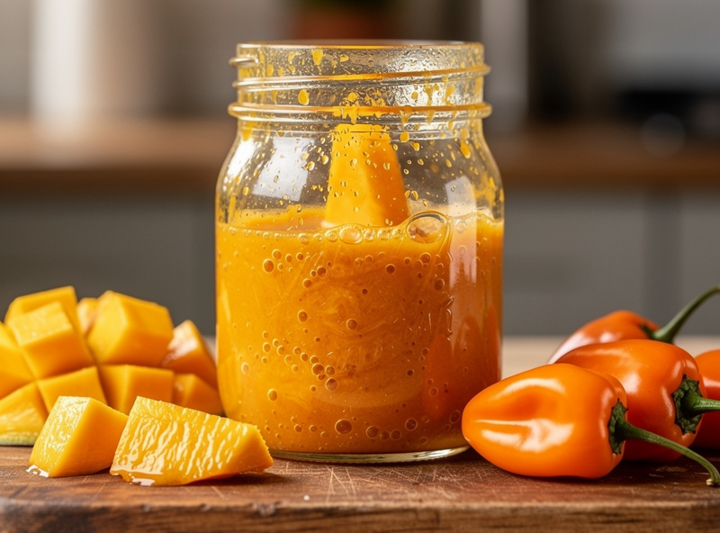 A jar of orange mango and habanero mash fermenting actively with bubbles, fresh mango chunks and orange habaneros beside it