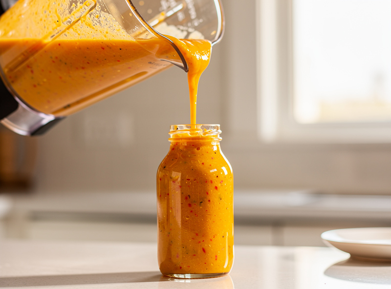 Smooth golden-orange mango habanero hot sauce being poured from a blender into a glass bottle on a kitchen counter