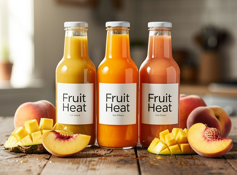 Three bottles of finished fruit hot sauce in golden, yellow, and deep orange colours on a wooden counter with fresh tropical fruit