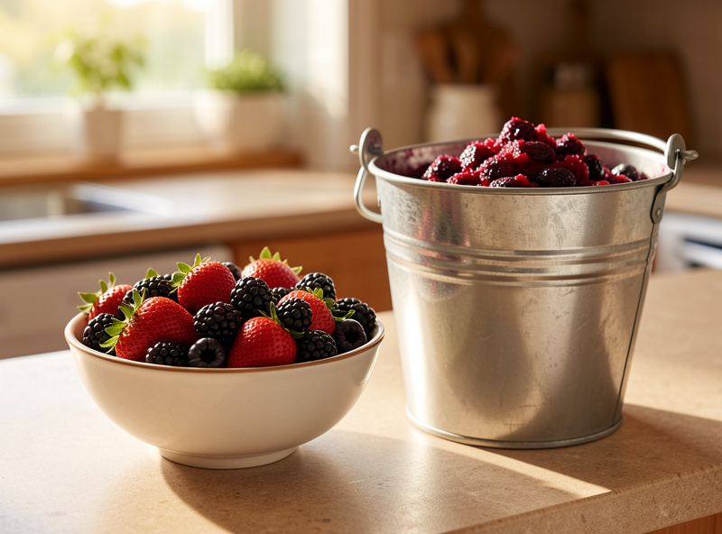 A bowl of mixed fresh berries beside a bucket of crushed fruit for making fruit wine