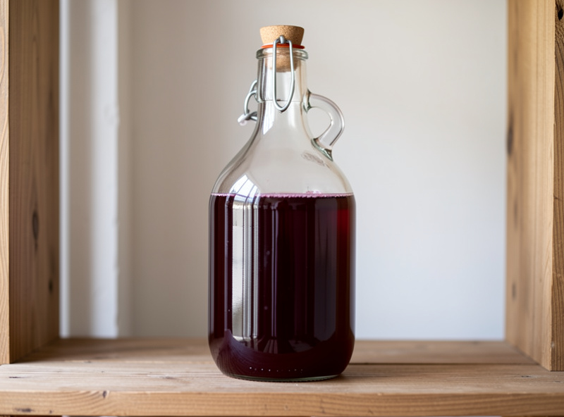 A glass carboy of deep ruby fruit wine clearing under an airlock on a shelf