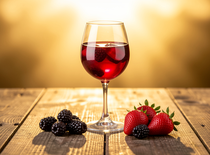 A glass of ruby red fruit wine on a table with fresh blackberries and strawberries beside it