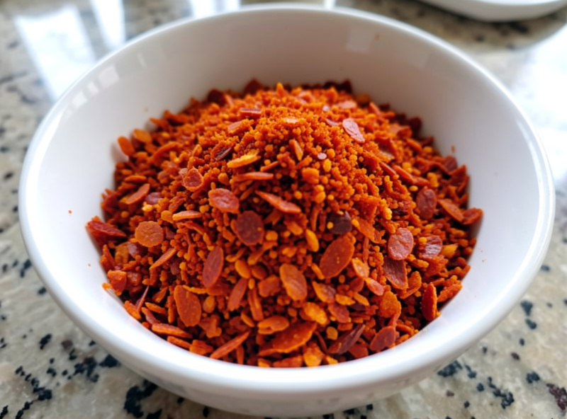 A bowl of coarse bright red-orange Korean gochugaru chili flakes on a kitchen counter showing the flake texture between powder and crushed pepper