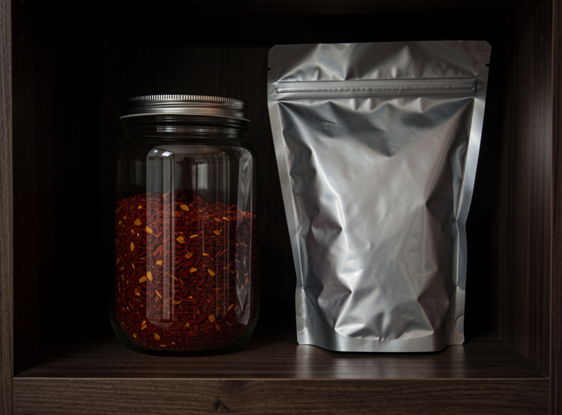 An airtight glass jar of Korean gochugaru chili flakes stored on a cool dark pantry shelf alongside a sealed bulk bag ready for the freezer