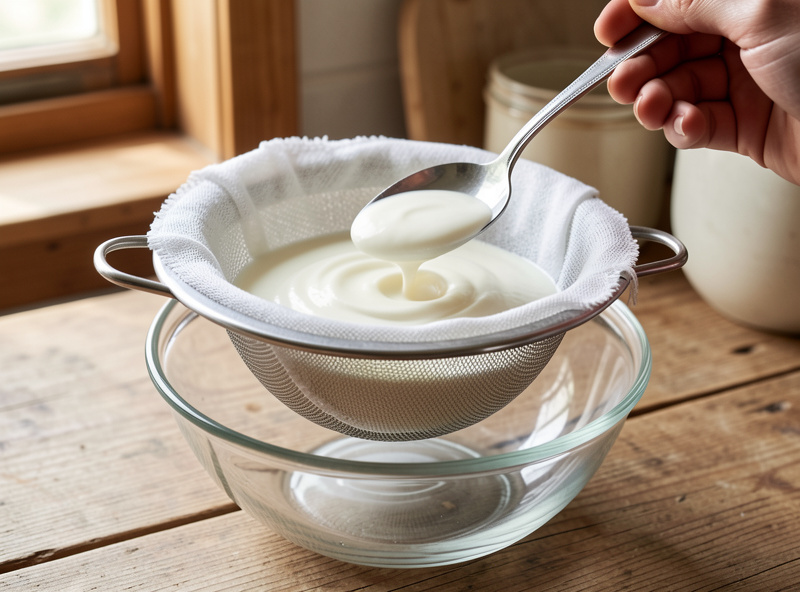 Plain set yogurt being spooned into a cheesecloth-lined strainer over a glass bowl
