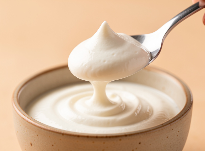 A spoon lifting thick strained Greek yogurt holding a clean peak in a ceramic bowl