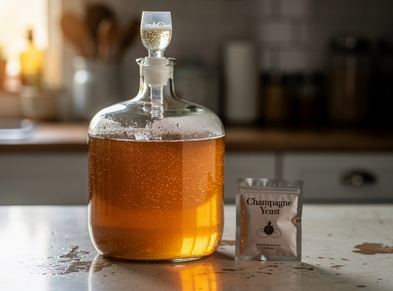 A glass carboy of hard kombucha fermenting under an airlock beside a sachet of champagne yeast