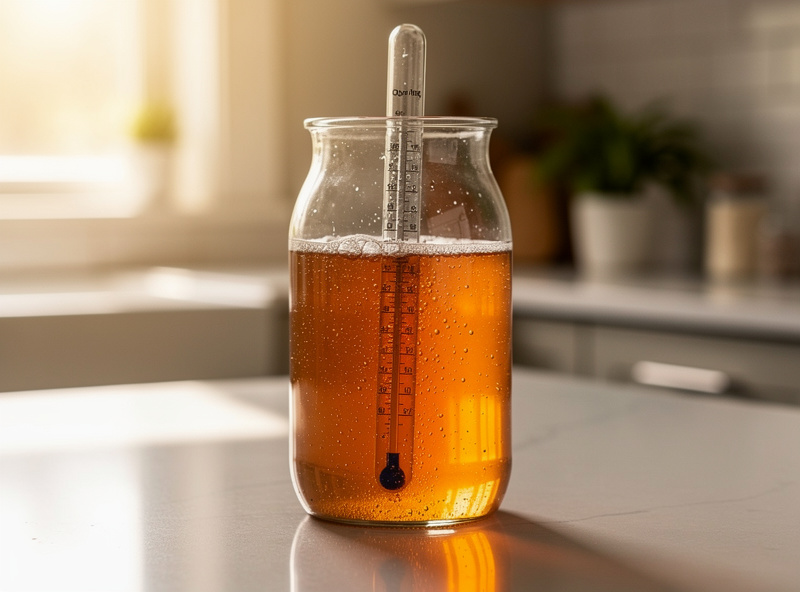 A hydrometer floating in a test jar of hard kombucha to measure alcohol content