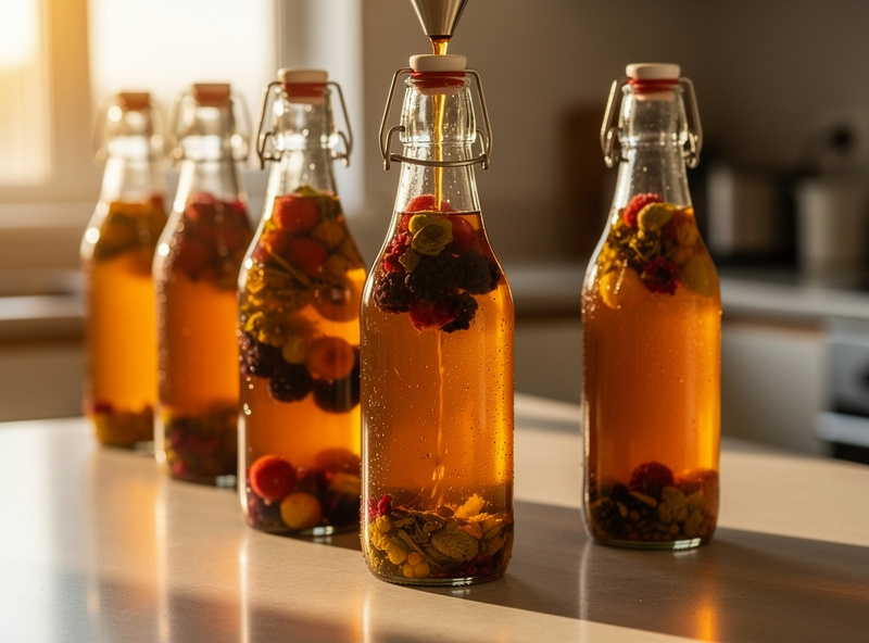 Bottling finished hard kombucha into pressure-rated swing-top bottles