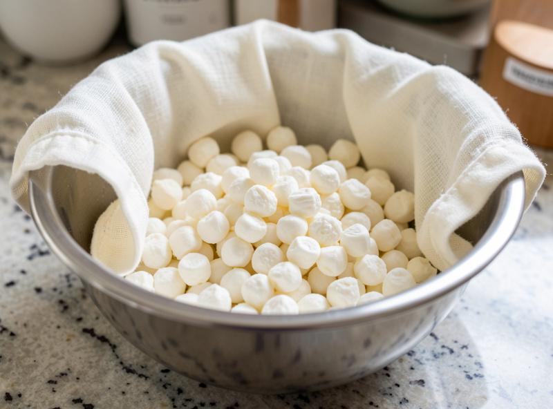 Fresh white cheese curds draining in butter muslin over a stainless bowl on a kitchen counter