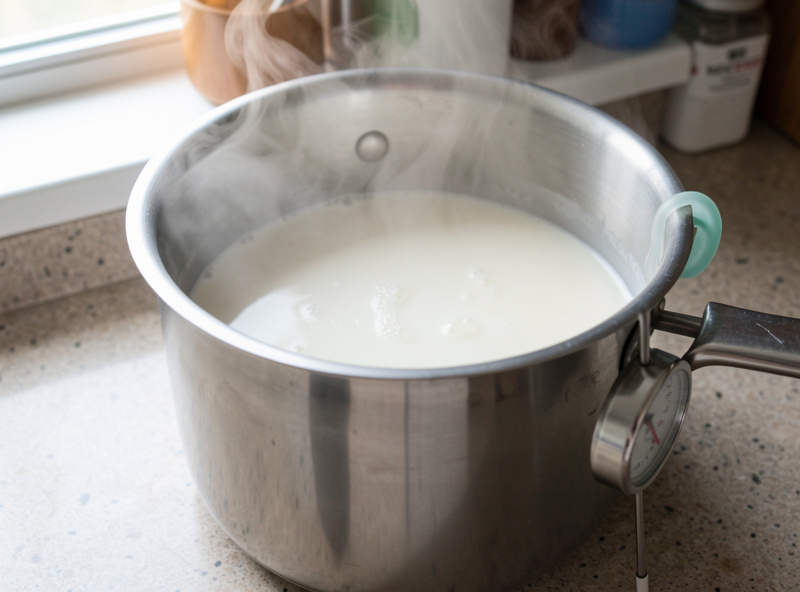 Whole milk heating in a stainless pot with a probe thermometer clipped to the side