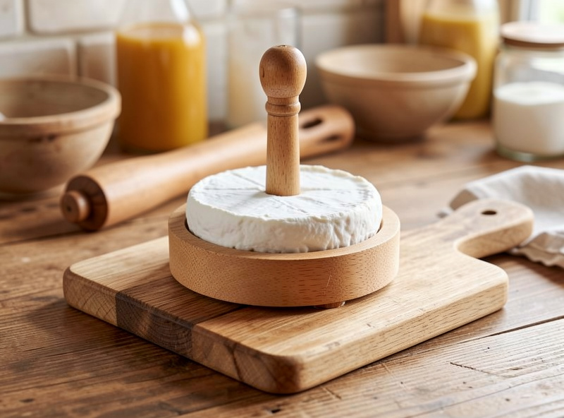 A small pressed cheese round in a simple cheese press on a wooden board
