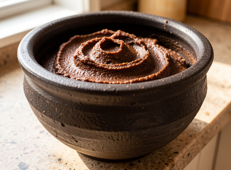 Thick brown fermented Korean doenjang soybean paste in a traditional dark onggi earthenware crock