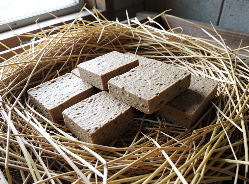 Dried blocks of meju fermented soybean paste aging on rice straw