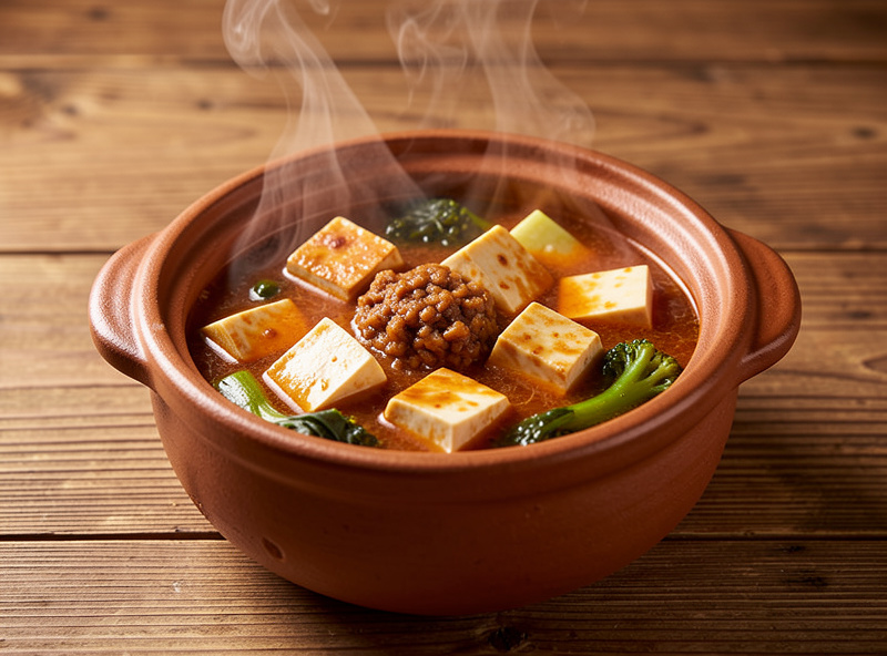 A bubbling earthenware pot of doenjang jjigae stew with tofu and vegetables