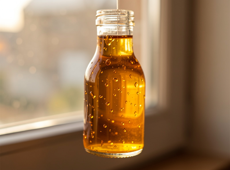 Small bottle of clear amber homemade garum fish sauce held up to warm window light