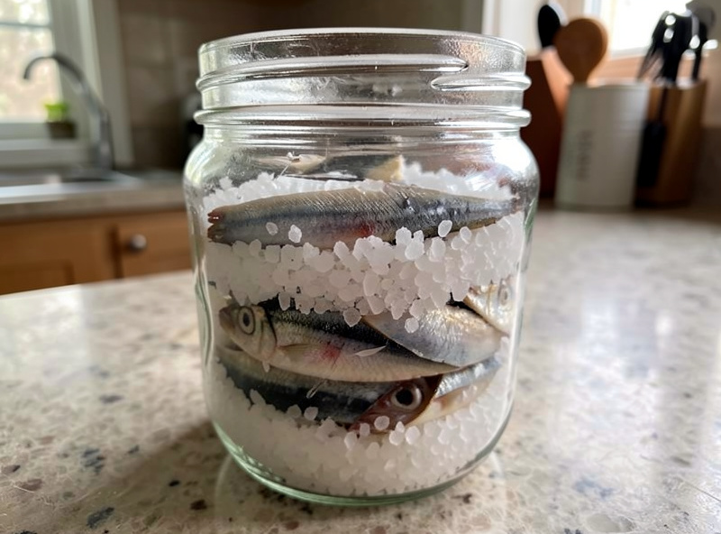 Fresh anchovies layered with coarse sea salt in a glass jar showing fish and salt layers