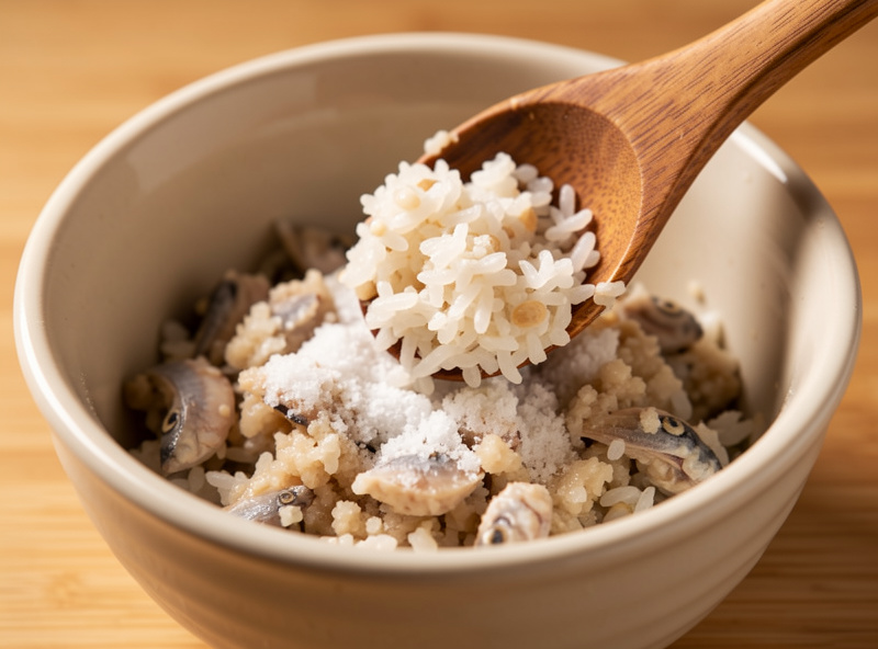 Cooked koji rice being mixed into ground fish and salt for fast modern garum