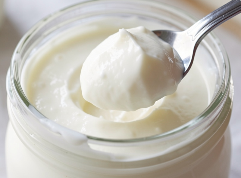 Jar of thick set homemade yogurt with a spoon lifting a creamy curd