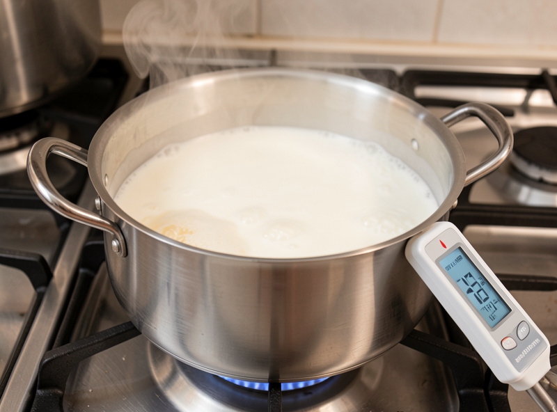 Saucepan of milk being heated on a stovetop with a probe thermometer reading temperature