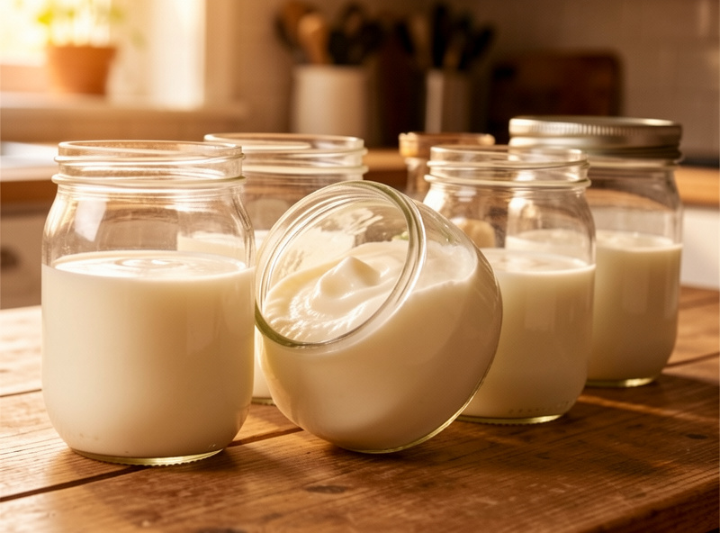 Glass jars of homemade yogurt incubating, with one jar tilted to show a firm set curd