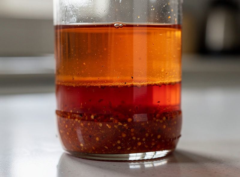 A clear bottle of red hot sauce showing a thin lighter liquid layer separated on top above the settled red pepper solids