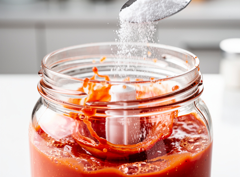 Xanthan gum powder being sprinkled into red hot sauce in a running blender to stabilise it against separation