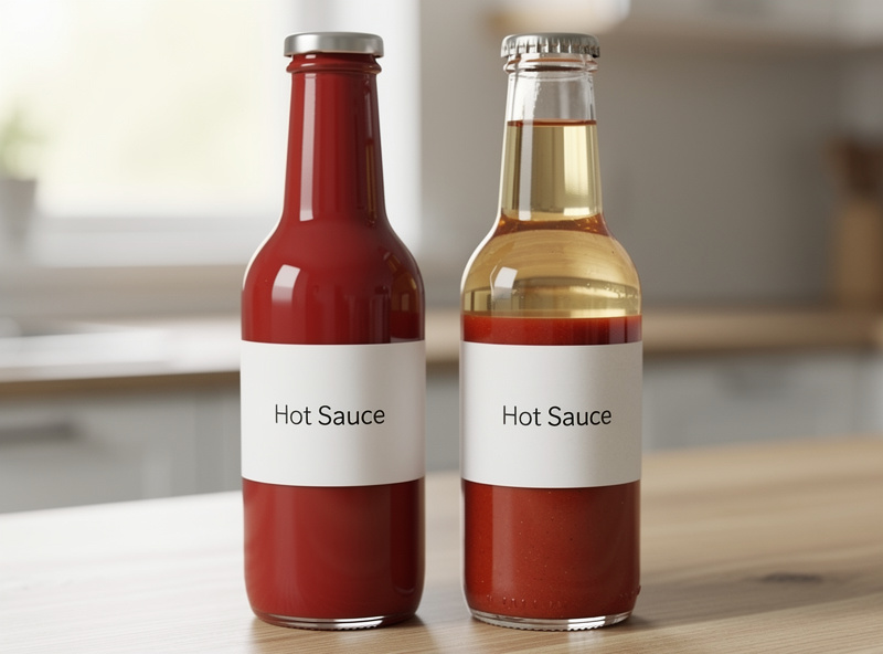 Two bottles of red hot sauce side by side, one uniform and stabilised, one showing a separated clear layer on top