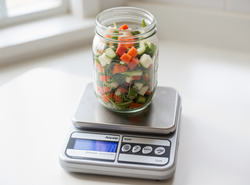 A digital scale showing the total weight of a jar packed with vegetables before salt is added